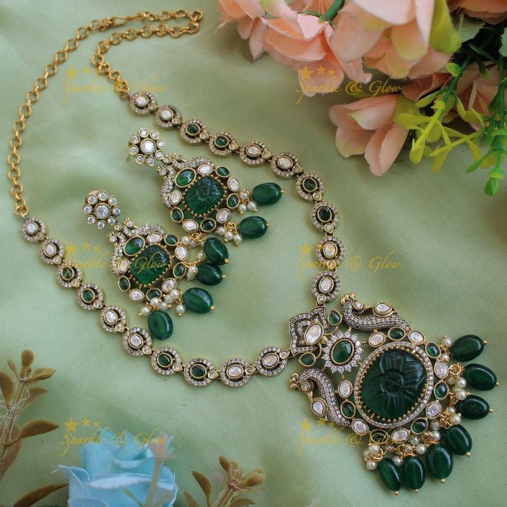 Exlusive Peacock floral green stone pendant victorian AD short necklace with pearls and green beads - Sparkle and Glow - Green - Back Thread