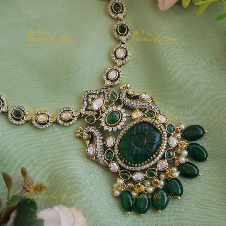 Exlusive Peacock floral green stone pendant victorian AD short necklace with pearls and green beads - Sparkle and Glow - Green - Back Thread