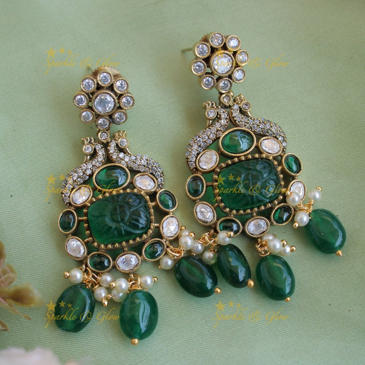 Exlusive Peacock floral green stone pendant victorian AD short necklace with pearls and green beads - Sparkle and Glow - Purple - Back Thread