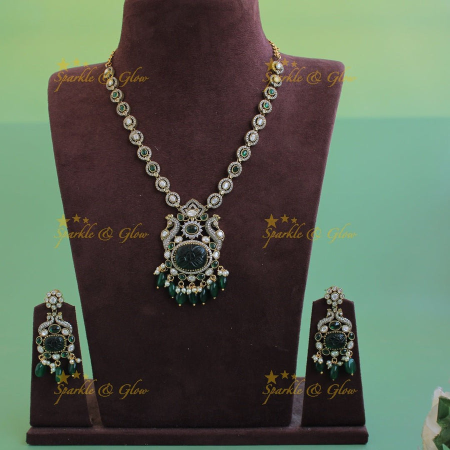 Exlusive Peacock floral green stone pendant victorian AD short necklace with pearls and green beads - Sparkle and Glow - Green - Back Thread
