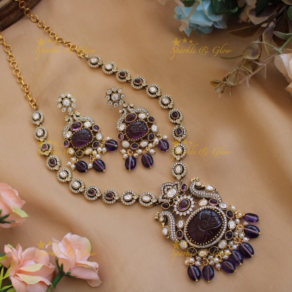 Exlusive Peacock floral green stone pendant victorian AD short necklace with pearls and green beads - Sparkle and Glow - Purple - Back Thread