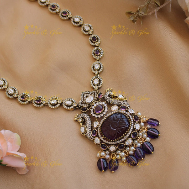 Exlusive Peacock floral green stone pendant victorian AD short necklace with pearls and green beads - Sparkle and Glow - Purple - Back Thread