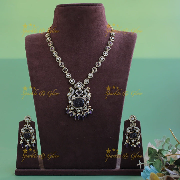 Exlusive Peacock floral green stone pendant victorian AD short necklace with pearls and green beads - Sparkle and Glow - Purple - Back Thread