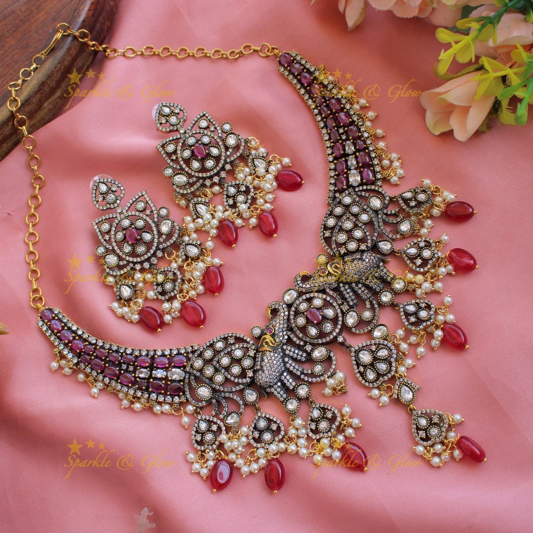 Grand Elephant floral design gutta pusalu victorian AD short necklace with ruby pearls and red beads - Sparkle and Glow - Red - Back Thread