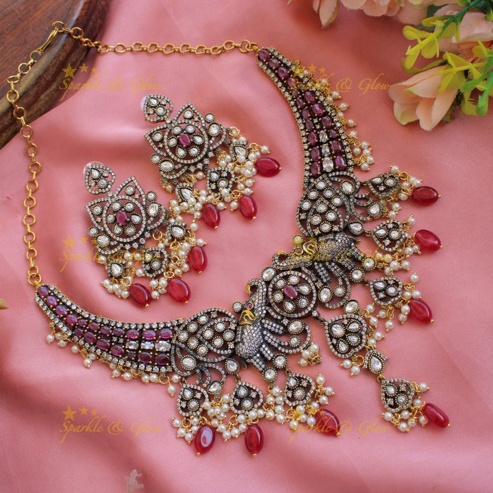Grand Elephant floral design gutta pusalu victorian AD short necklace with ruby pearls and red beads - Sparkle and Glow - Red - Back Thread