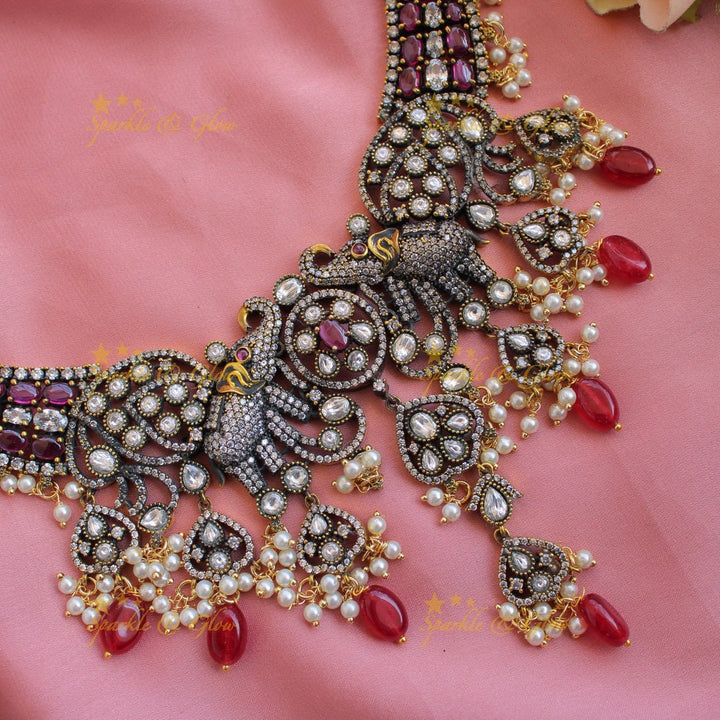 Grand Elephant floral design gutta pusalu victorian AD short necklace with ruby pearls and red beads - Sparkle and Glow - Green - Back Thread