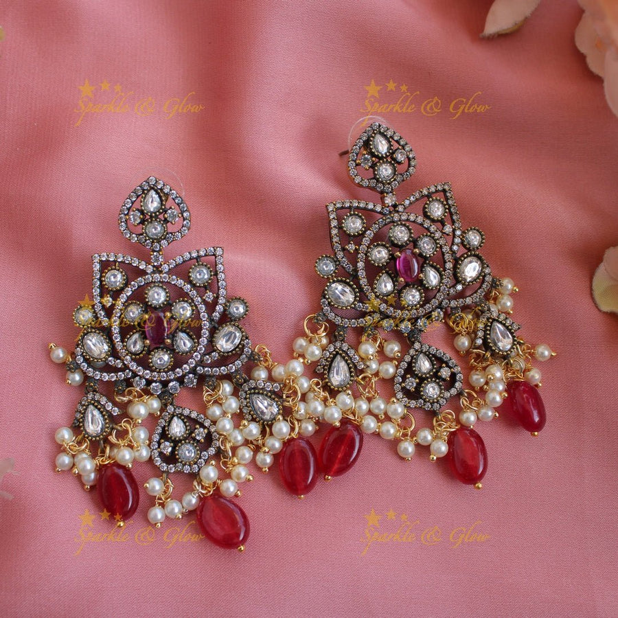 Grand Elephant floral design gutta pusalu victorian AD short necklace with ruby pearls and red beads - Sparkle and Glow - Green - Back Thread