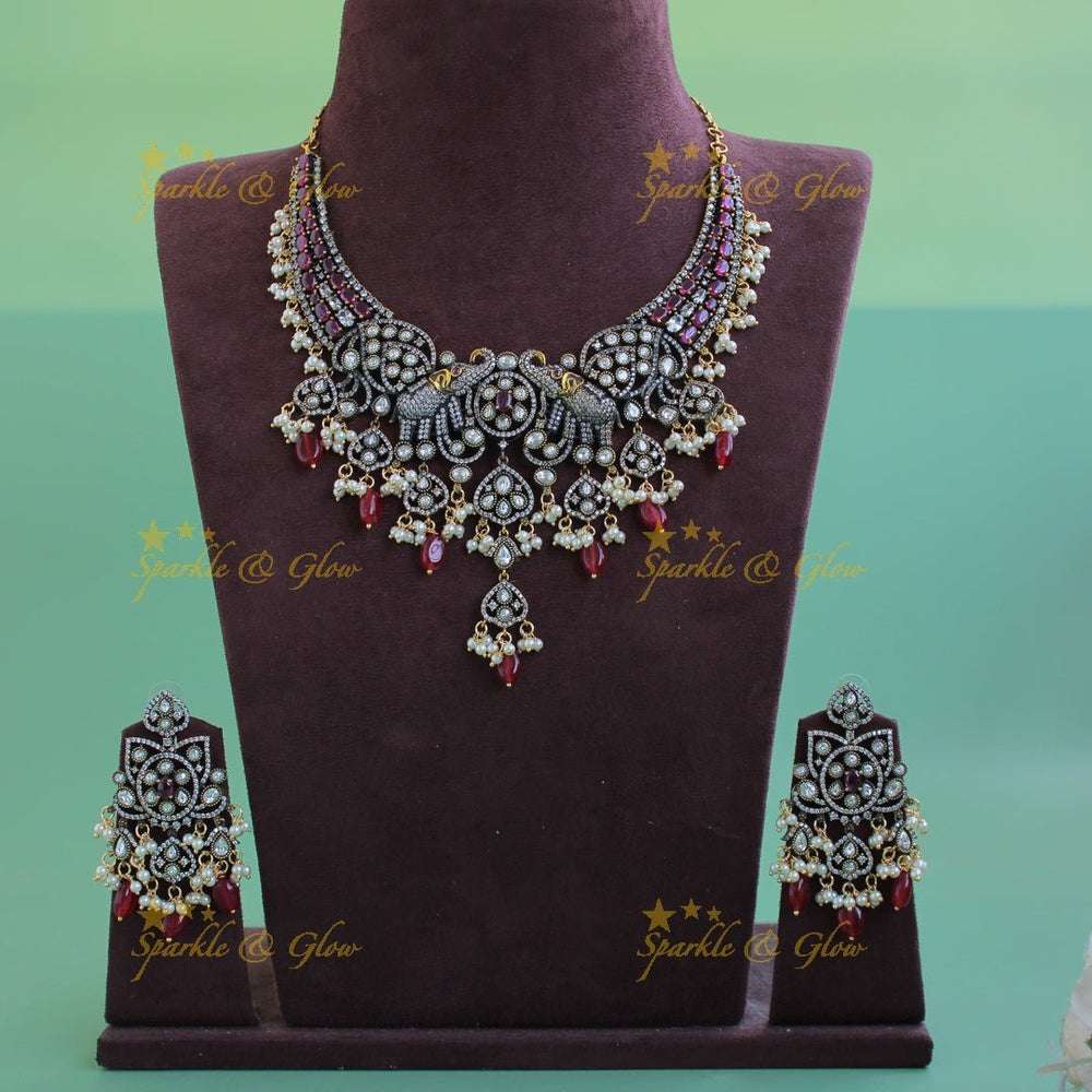 Grand Elephant floral design gutta pusalu victorian AD short necklace with ruby pearls and red beads - Sparkle and Glow - Green - Back Thread