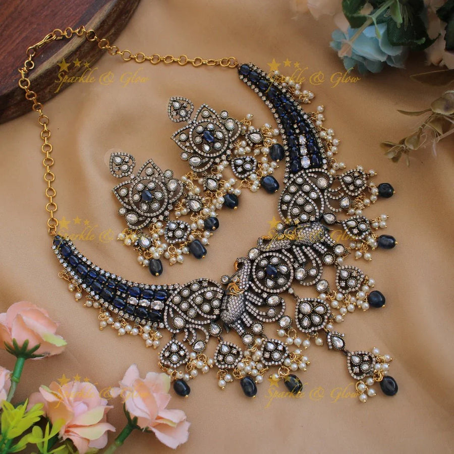 Grand Elephant floral design gutta pusalu victorian AD short necklace - Sparkle and Glow