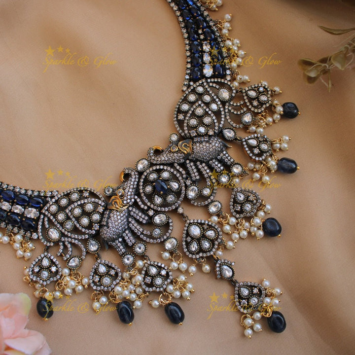 Grand Elephant floral design gutta pusalu victorian AD short necklace with ruby pearls and red beads - Sparkle and Glow - Green - Back Thread