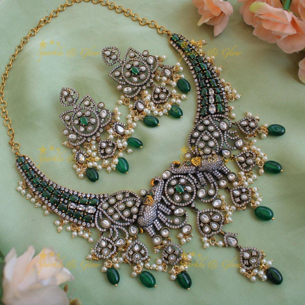 Grand Elephant floral design gutta pusalu victorian AD short necklace - Sparkle and Glow