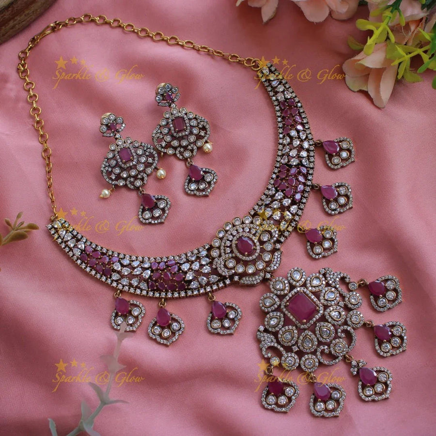 Elegant floral design victorian AD short necklace with ruby and floral drop - pink - Sparkle and Glow