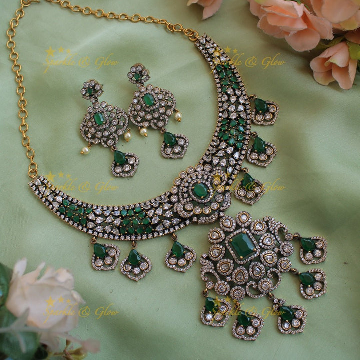 Elegant floral design victorian AD short necklace with ruby and floral drop - pink - Sparkle and Glow - Green - Back Thread