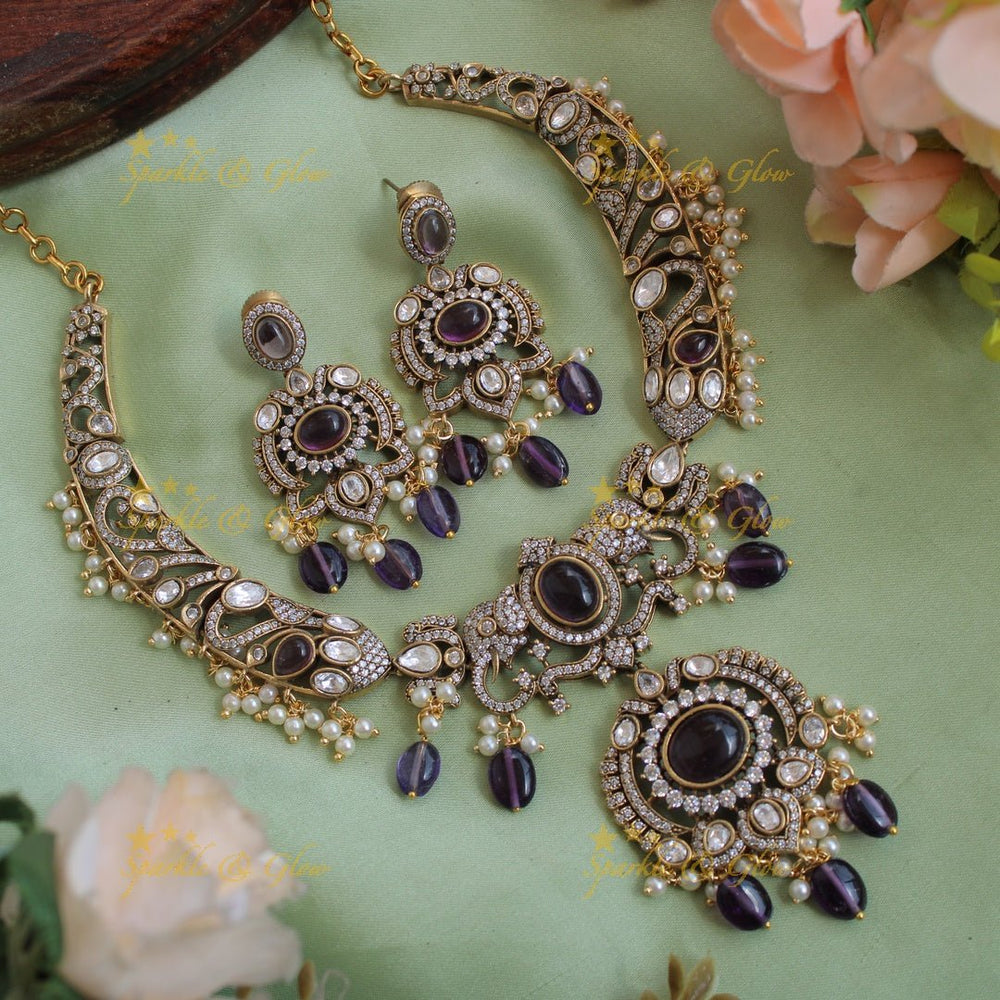 Statement Elephant floral design gutta pusalu victorian AD short necklace with green beads and stones - Sparkle and Glow - Purple - Back Thread