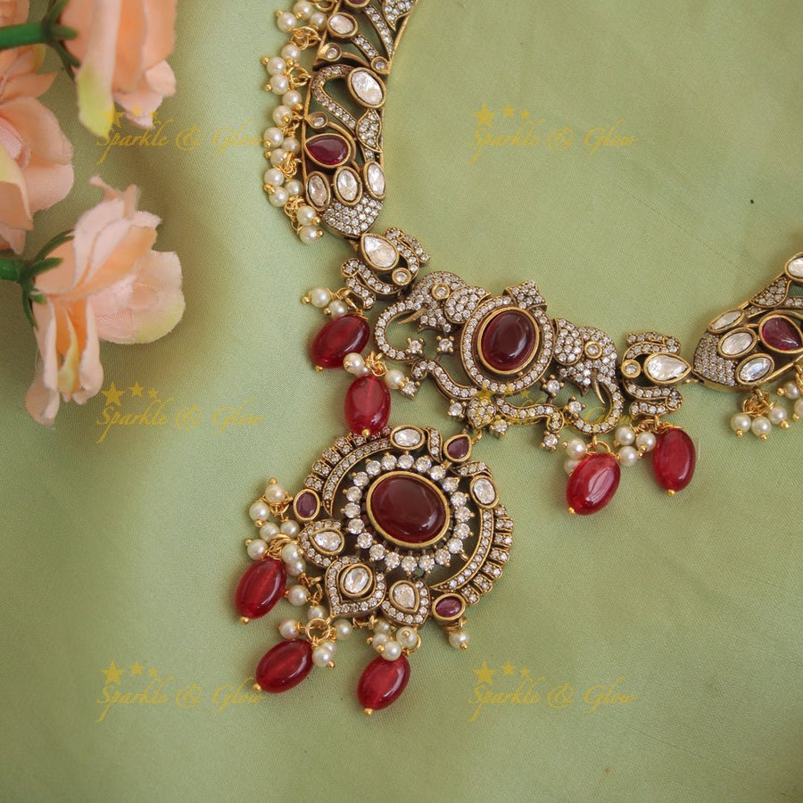 Statement Elephant floral design gutta pusalu victorian AD short necklace with green beads and stones - Sparkle and Glow - Green - Back Thread