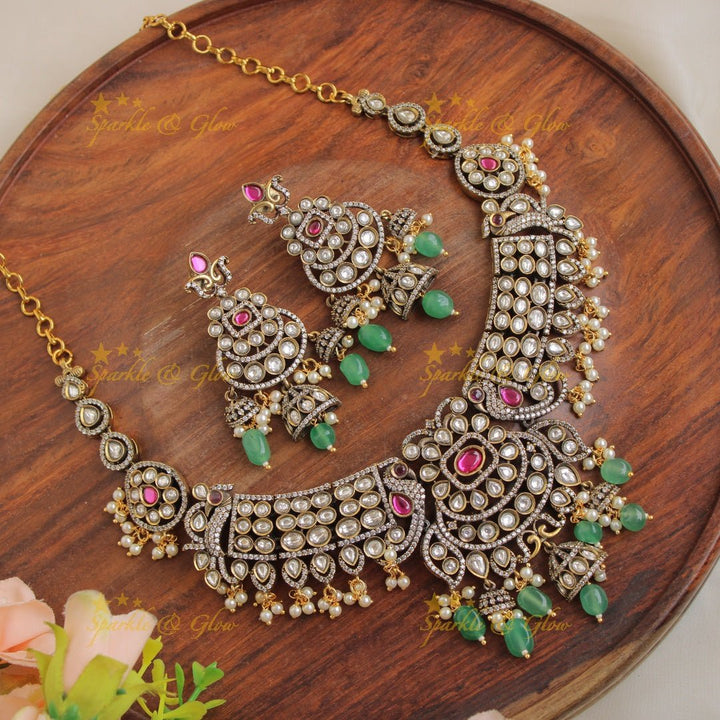 Gorgeous Peacock floral gutta pusalu victorian AD short necklace with mint green beads and jhumuka drops - pink - Sparkle and Glow - Pink - Back Thread