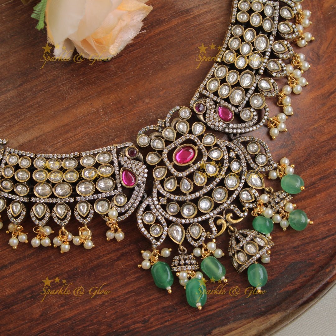 Gorgeous Peacock floral gutta pusalu victorian AD short necklace with mint green beads and jhumuka drops - pink - Sparkle and Glow - Green - Back Thread
