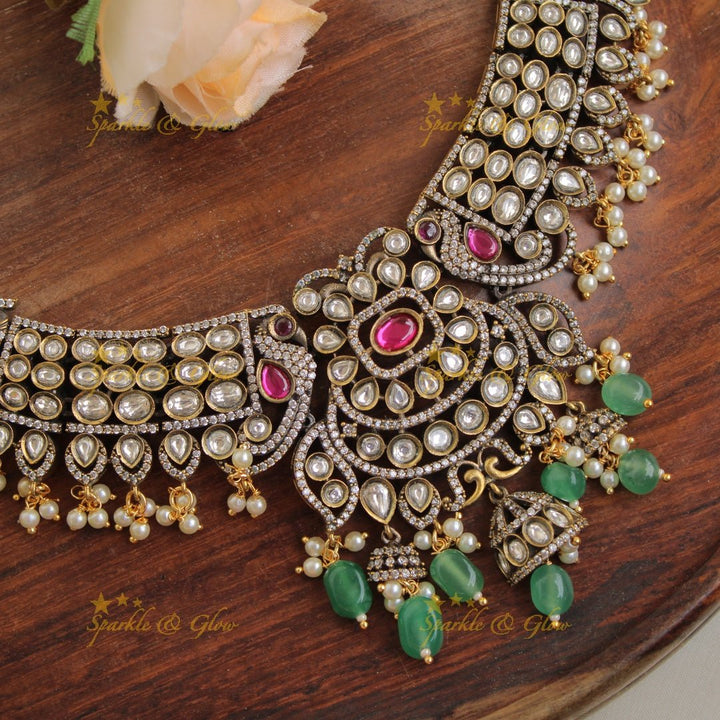 Gorgeous Peacock floral gutta pusalu victorian AD short necklace with mint green beads and jhumuka drops - pink - Sparkle and Glow - Green - Back Thread