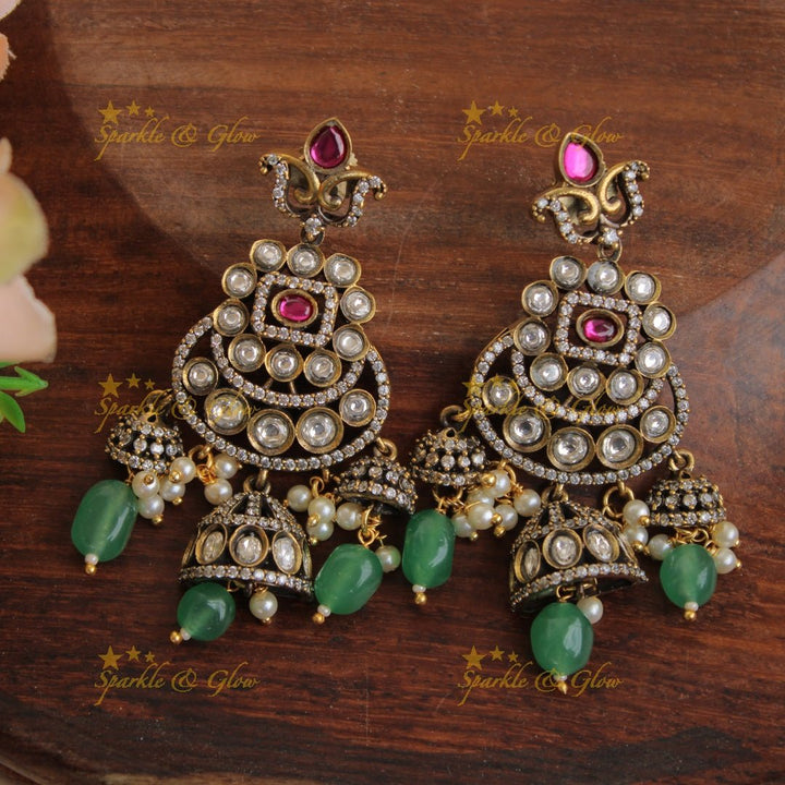 Gorgeous Peacock floral gutta pusalu victorian AD short necklace with mint green beads and jhumuka drops - pink - Sparkle and Glow - Pink - Back Thread