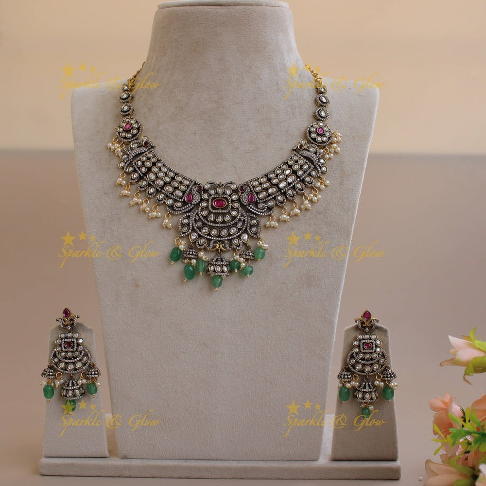 Gorgeous Peacock floral gutta pusalu victorian AD short necklace with mint green beads and jhumuka drops - pink - Sparkle and Glow - Green - Back Thread