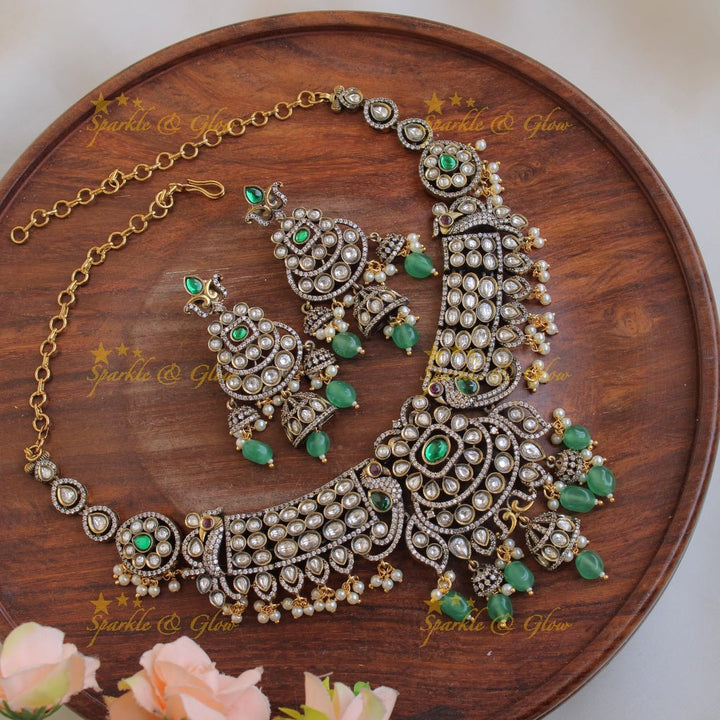 Gorgeous Peacock floral gutta pusalu victorian AD short necklace with mint green beads and jhumuka drops - pink - Sparkle and Glow - Green - Back Thread