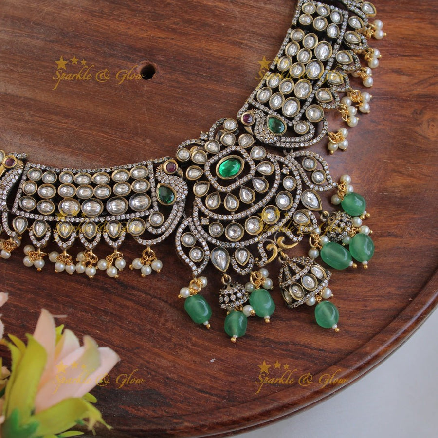 Gorgeous Peacock floral gutta pusalu victorian AD short necklace with mint green beads and jhumuka drops - pink - Sparkle and Glow - Green - Back Thread