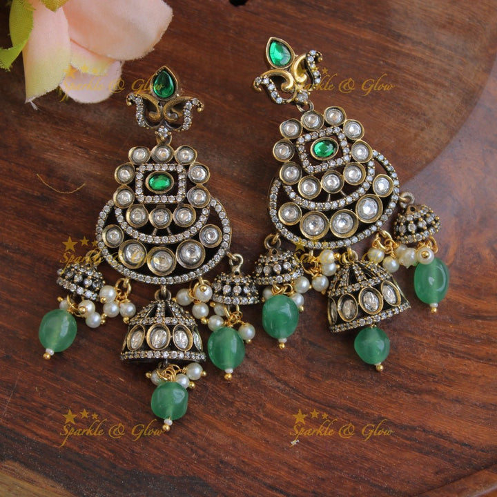 Gorgeous Peacock floral gutta pusalu victorian AD short necklace with mint green beads and jhumuka drops - pink - Sparkle and Glow - Pink - Back Thread