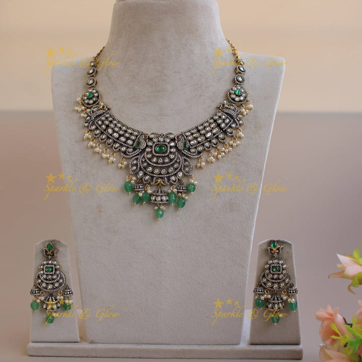 Gorgeous Peacock floral gutta pusalu victorian AD short necklace with mint green beads and jhumuka drops - pink - Sparkle and Glow - Pink - Back Thread