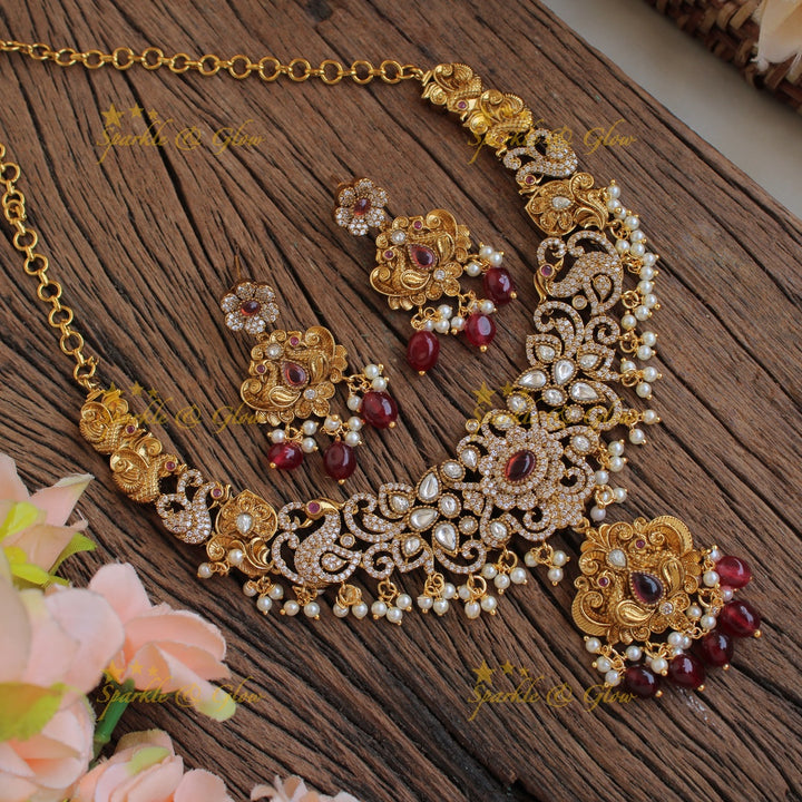 Beautiful Floral peacock carved gutta pusalu victorian AD short necklace with red beads