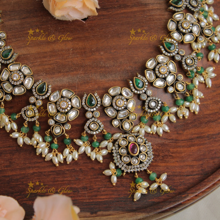 Exquisite Floral gutta pusalu victorian AD short necklace with green beads and rice pearls