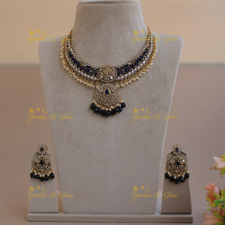 Statement Peacock gutta pusalu victorian AD short necklace with blue beads and stones
