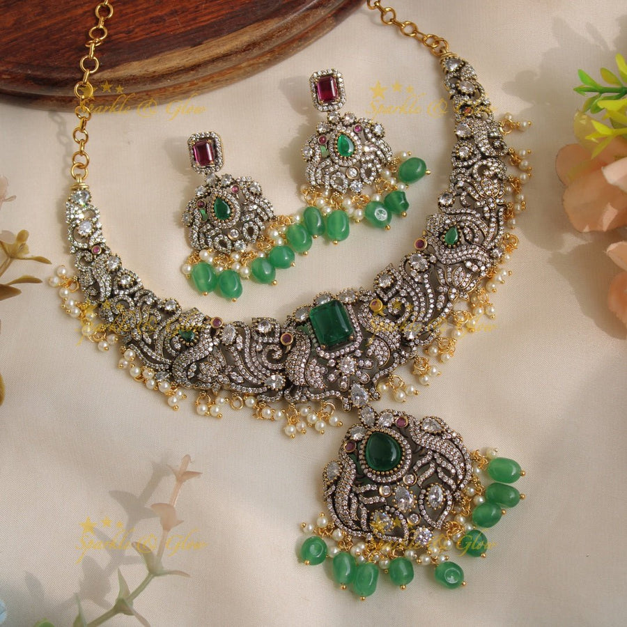 Elegant Peacock gutta pusalu victorian AD short necklace with ruby emerald and green beads - Sparkle and Glow - Mintgreen - Back Thread