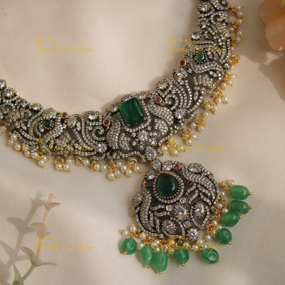 Elegant Peacock gutta pusalu victorian AD short necklace with ruby emerald and green beads - Sparkle and Glow - Mintgreen - Back Thread