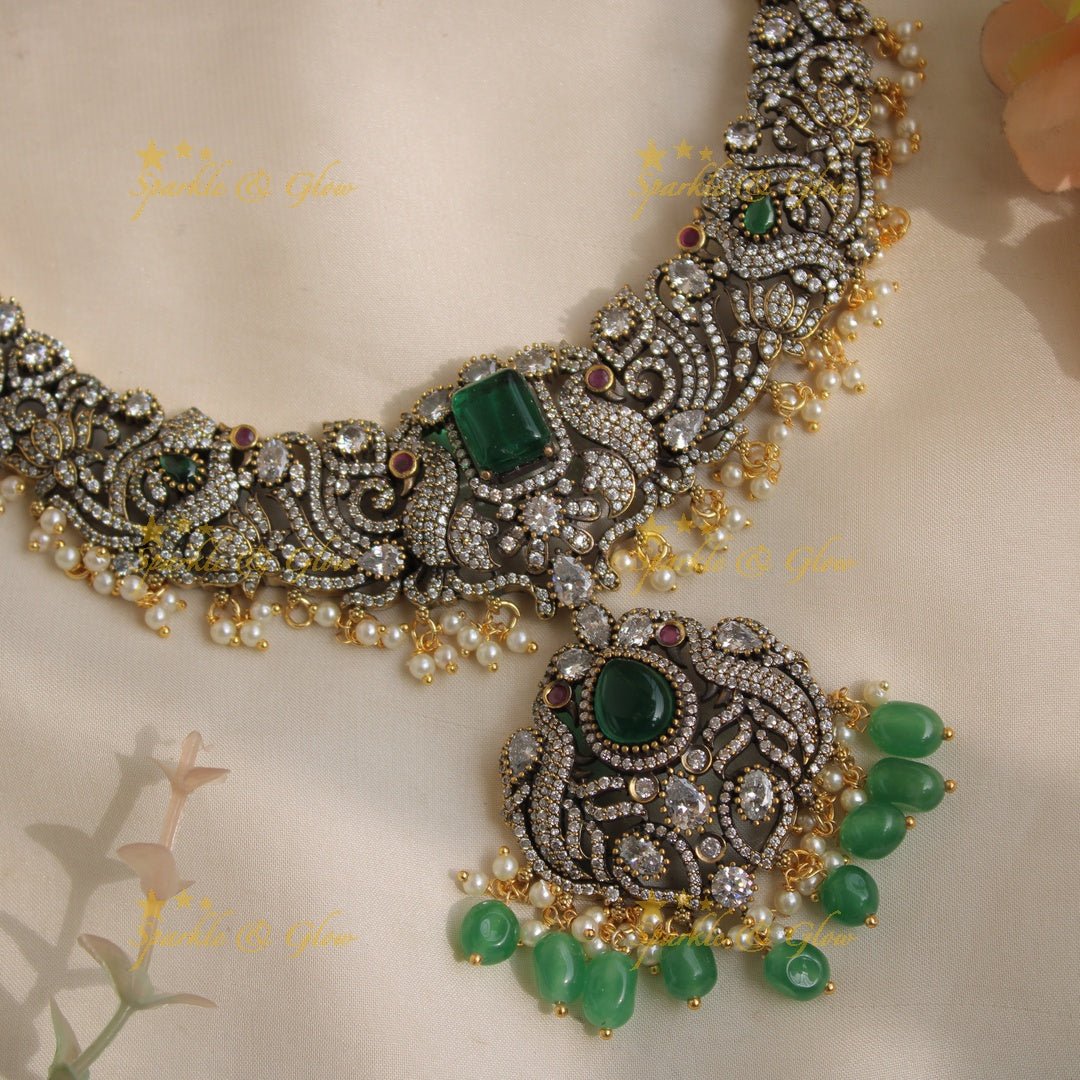 Elegant Peacock gutta pusalu victorian AD short necklace with ruby emerald and green beads - Sparkle and Glow - Mintgreen - Back Thread