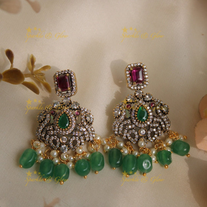 Elegant Peacock gutta pusalu victorian AD short necklace with ruby emerald and green beads - Sparkle and Glow - Green - Back Thread
