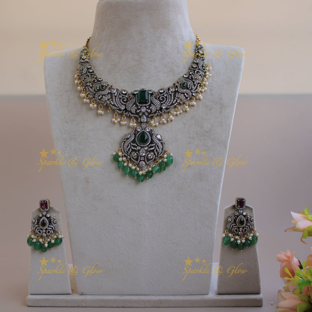 Elegant Peacock gutta pusalu victorian AD short necklace with ruby emerald and green beads - Sparkle and Glow - Mintgreen - Back Thread