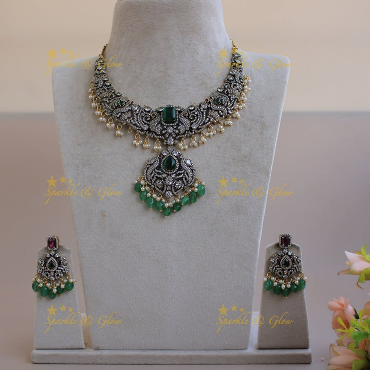 Elegant Peacock gutta pusalu victorian AD short necklace with ruby emerald and green beads - Sparkle and Glow - Mintgreen - Back Thread