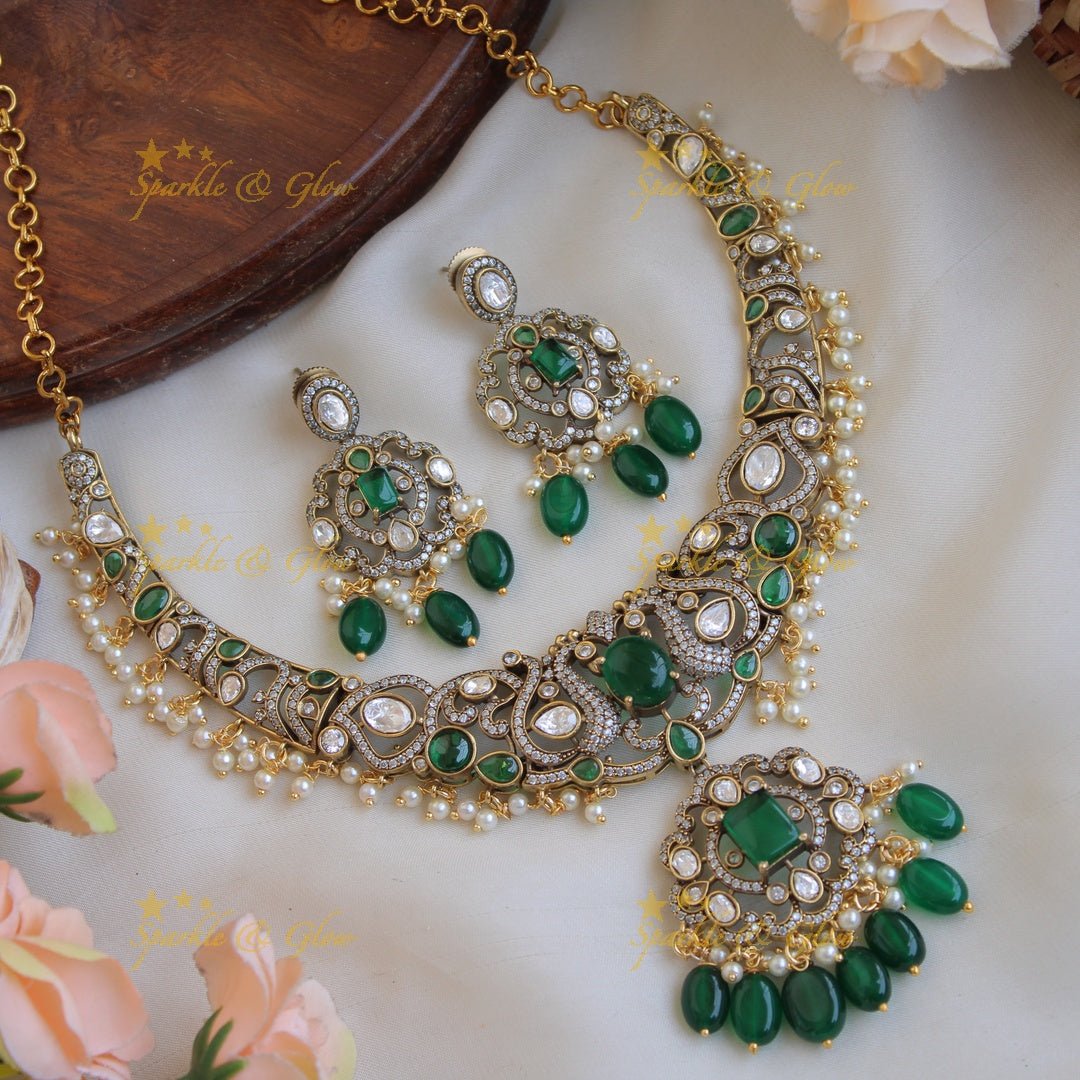 Stunning Peacock leaf design gutta pusalu victorian AD short necklace with emerald and green beads - Sparkle and Glow - Green - Back Thread