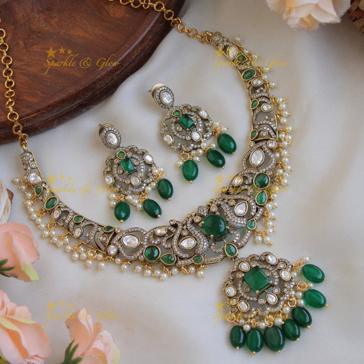 Stunning Peacock leaf design gutta pusalu victorian AD short necklace with emerald and green beads - Sparkle and Glow - Green - Back Thread