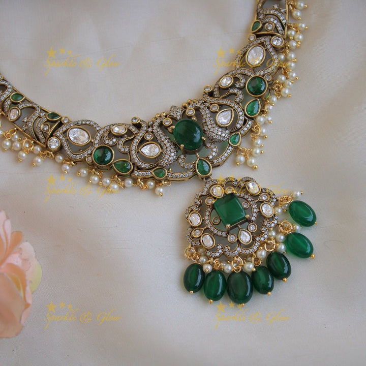 Stunning Peacock leaf design gutta pusalu victorian AD short necklace with emerald and green beads - Sparkle and Glow - Red - Back Thread