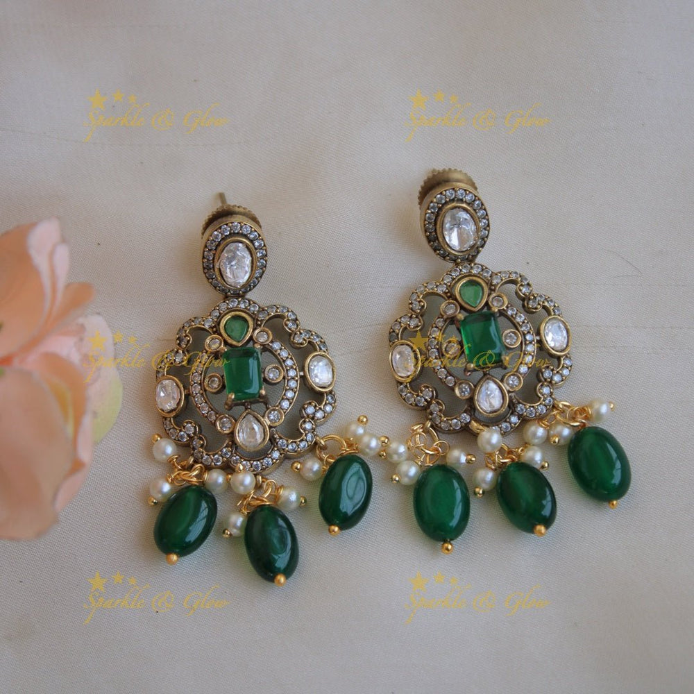 Stunning Peacock leaf design gutta pusalu victorian AD short necklace with emerald and green beads - Sparkle and Glow - Green - Back Thread