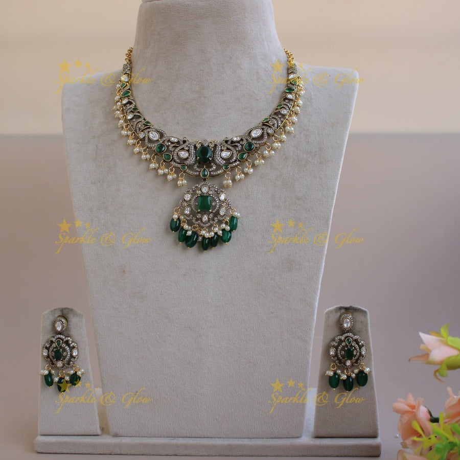 Stunning Peacock leaf design gutta pusalu victorian AD short necklace with emerald and green beads - Sparkle and Glow - Green - Back Thread