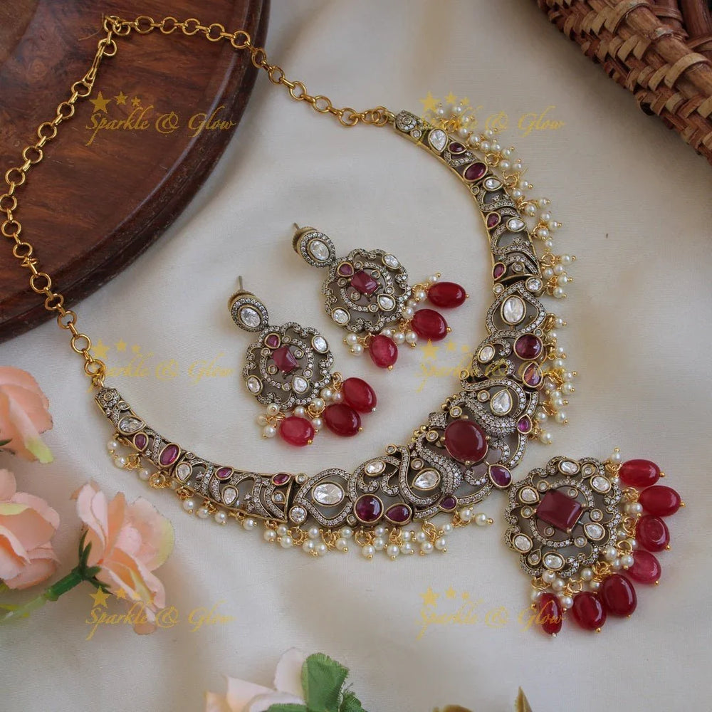 Stunning Peacock leaf design gutta pusalu victorian AD short necklace with emerald and green beads - Sparkle and Glow