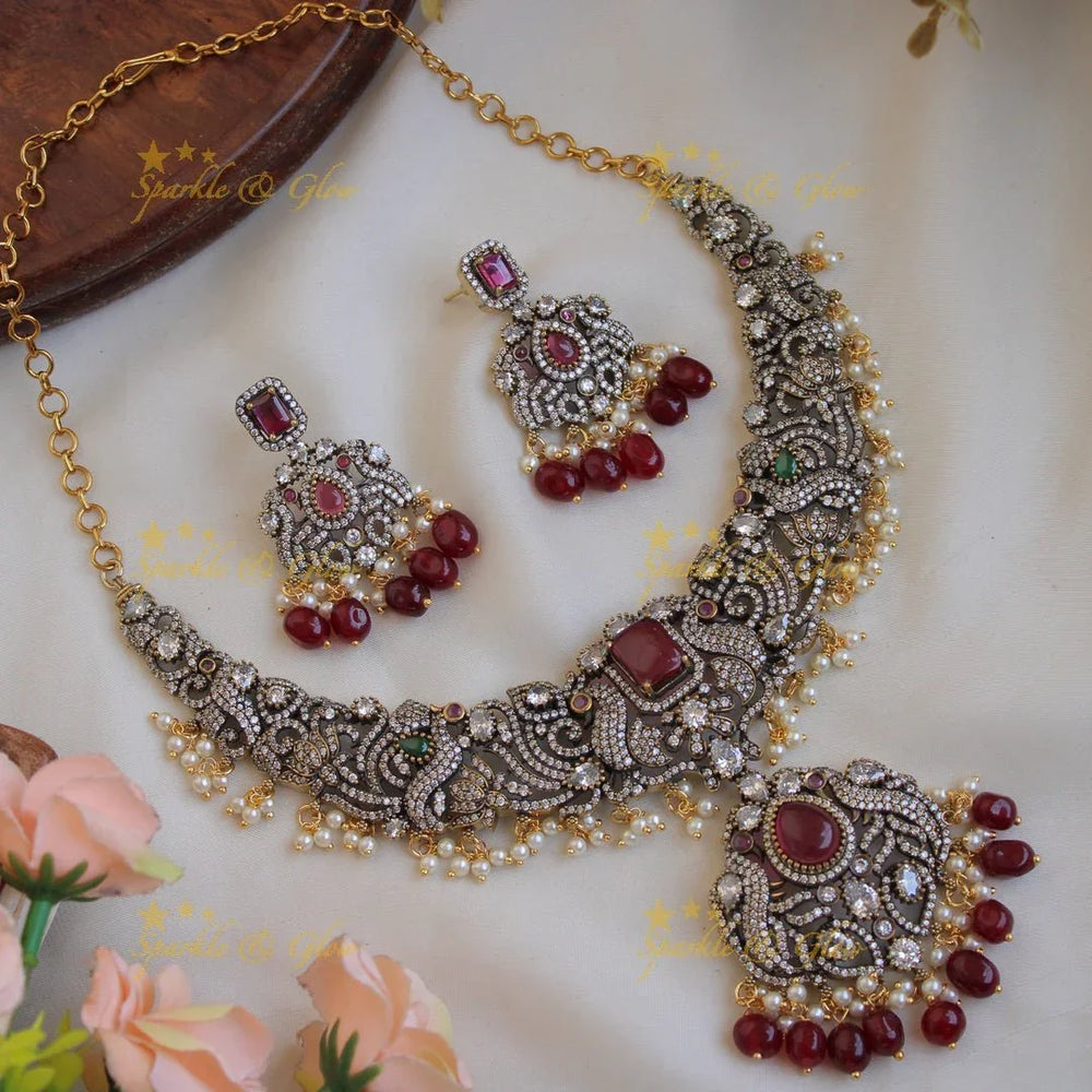 Elegant Peacock gutta pusalu victorian AD short necklace with ruby emerald and green beads - Sparkle and Glow