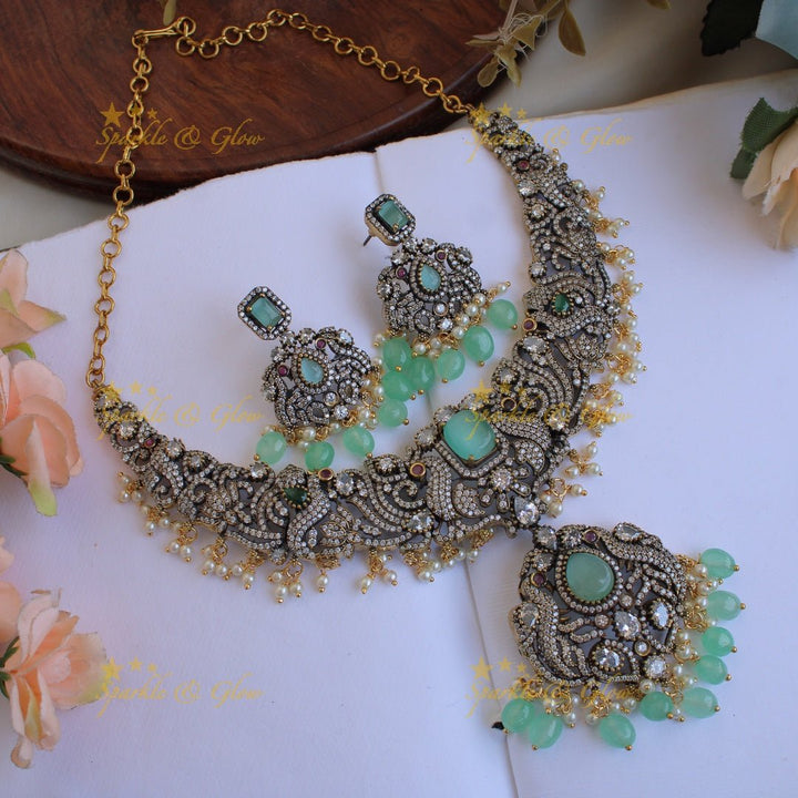 Elegant Peacock gutta pusalu victorian AD short necklace with ruby emerald and green beads - Sparkle and Glow - Mintgreen - Back Thread
