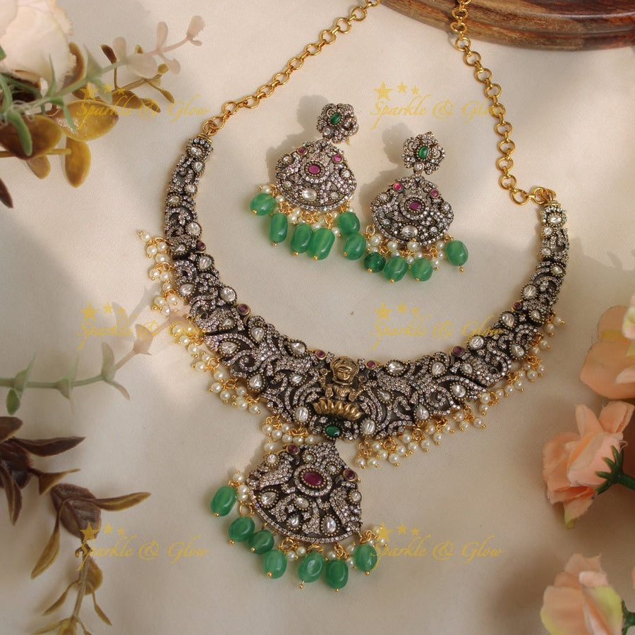 Beautiful Lakshmi Peacock gutta pusalu victorian AD short necklace with ruby emerald and mint green beads - Sparkle and Glow - Mintgreen - Back Thread