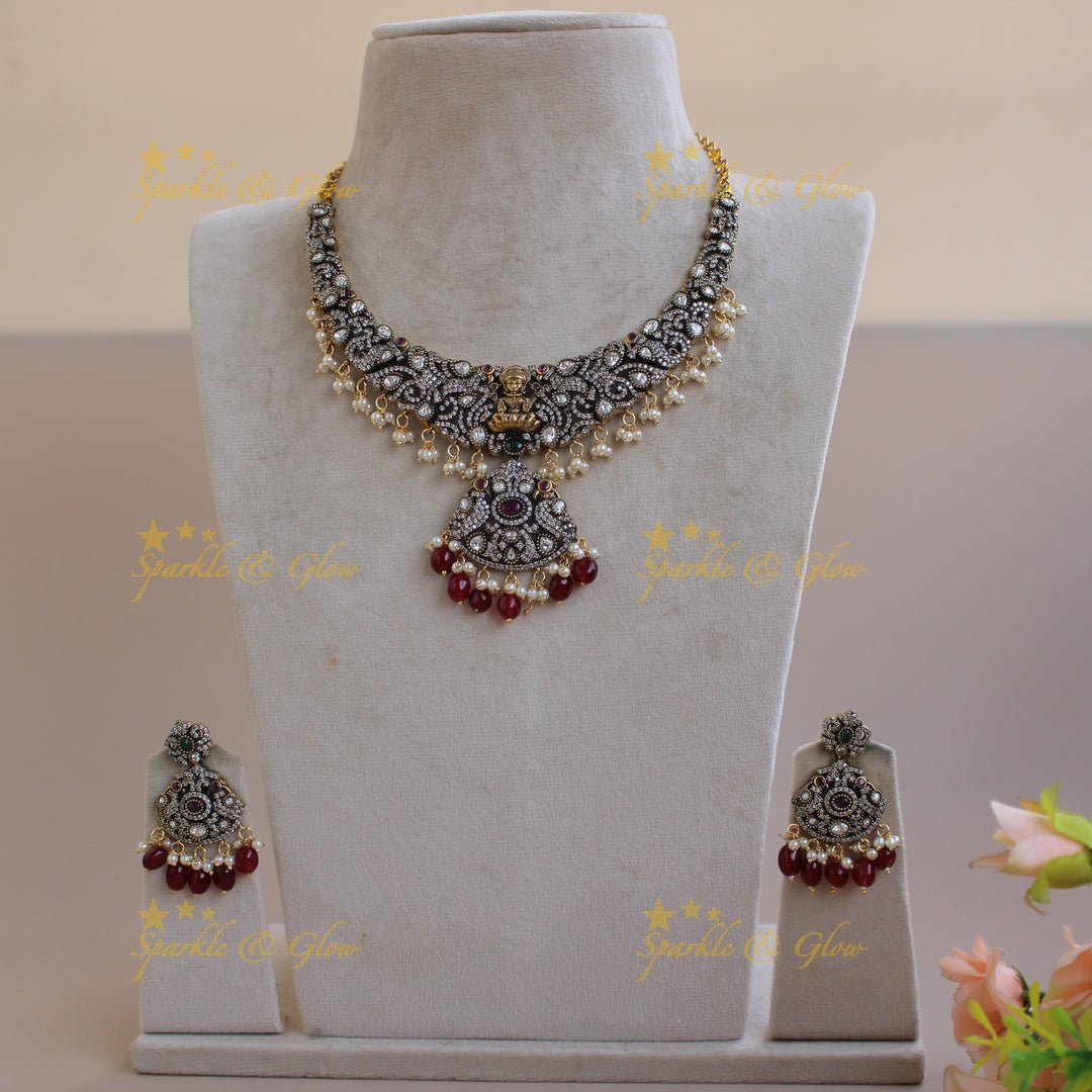Beautiful Lakshmi Peacock gutta pusalu victorian AD short necklace with ruby emerald and mint green beads - Sparkle and Glow - Mintgreen - Back Thread