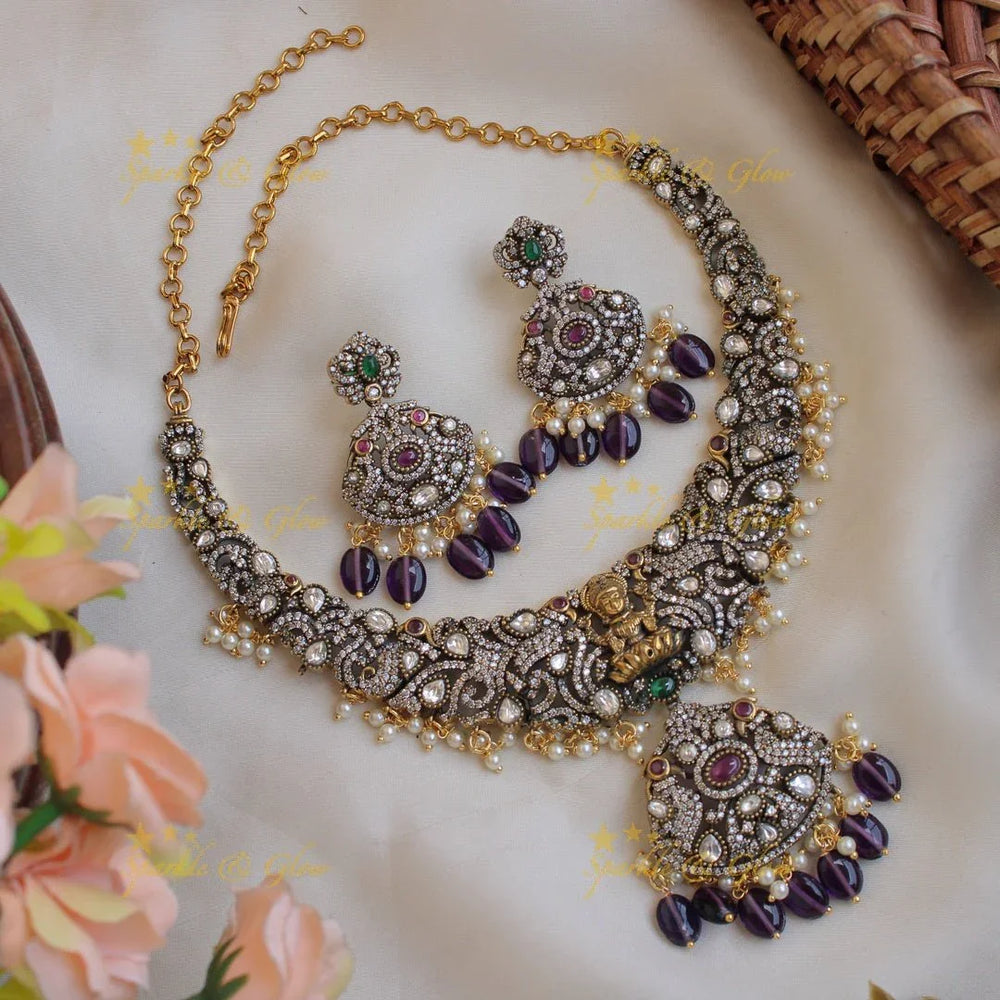 Beautiful Lakshmi Peacock gutta pusalu victorian AD short necklace with ruby emerald and mint green beads - Sparkle and Glow