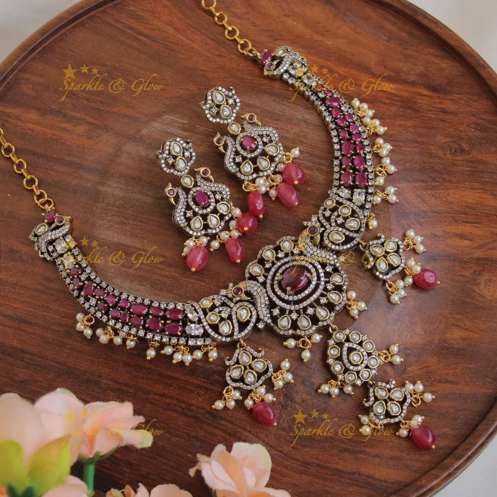 Gorgeous Peacock floral gutta pusalu victorian AD short necklace with ruby and pink beads - Sparkle and Glow