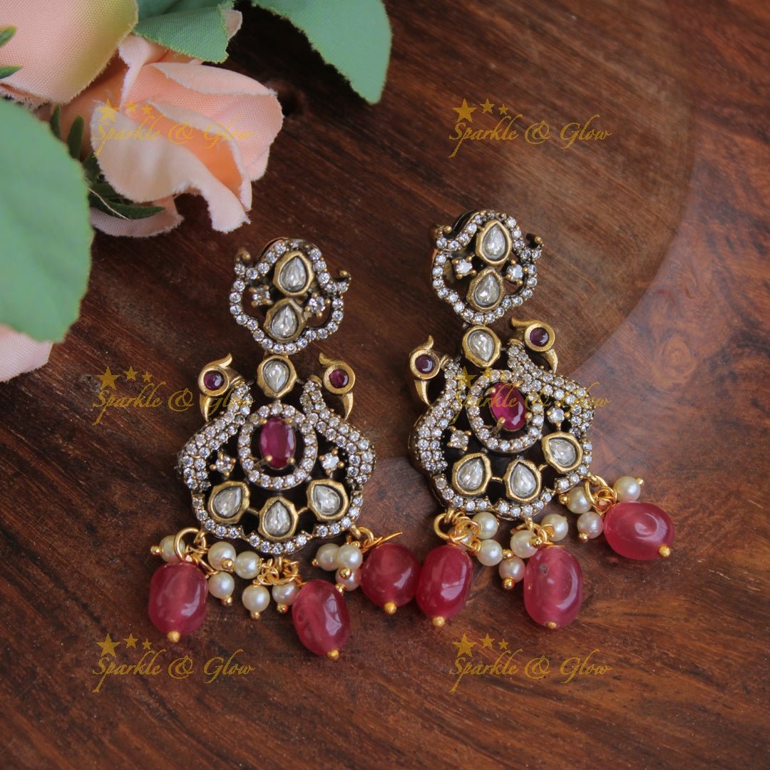 Gorgeous Peacock floral gutta pusalu victorian AD short necklace with ruby and pink beads - Sparkle and Glow - Pink - Back Thread